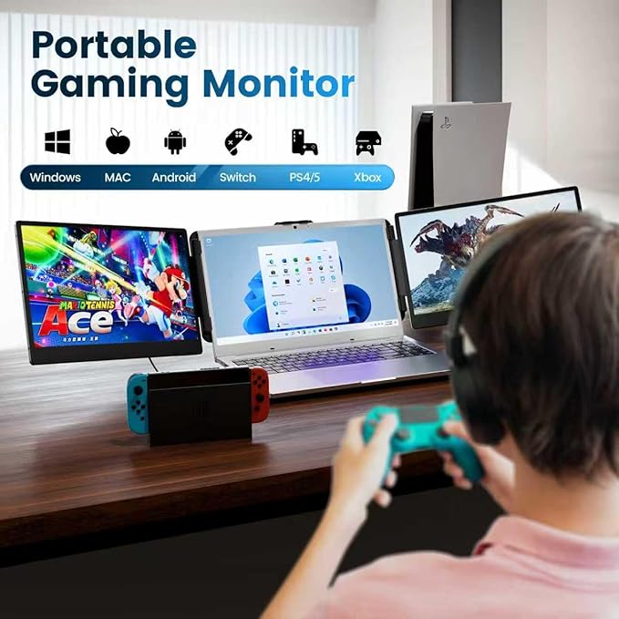 domyfan 14" Laptop Screen Extender, FHD 1080P IPS Triple Portable Monitor for Laptop, HDMI/USB-A/Type-C for Windows, Mac, Android, Chrome, Switch & PS5, Work with 13.3”-17” Laptops