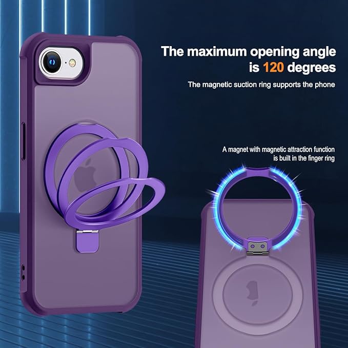 SKYLMW Compatible with iPhone 16e Case & iPhone 17e Case 6.1" with Invisible Magnetic O-Ring Stand Military-Grade Translucent Phone Cases [Compatible with Mag-Safe][Great Grip Feeling], Purple