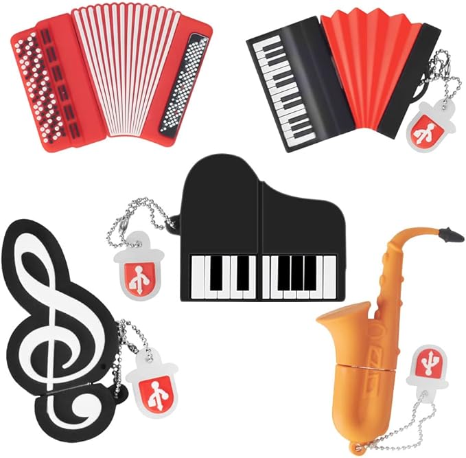 5 x 8GB Cute Music USB Flash Drive, Accordion*2/Saxophone/Piano/Notes Shape Musical Instruments Thumb Drive Memory Stick Drive Pendrive Gift for Kids, Teacher, Friends