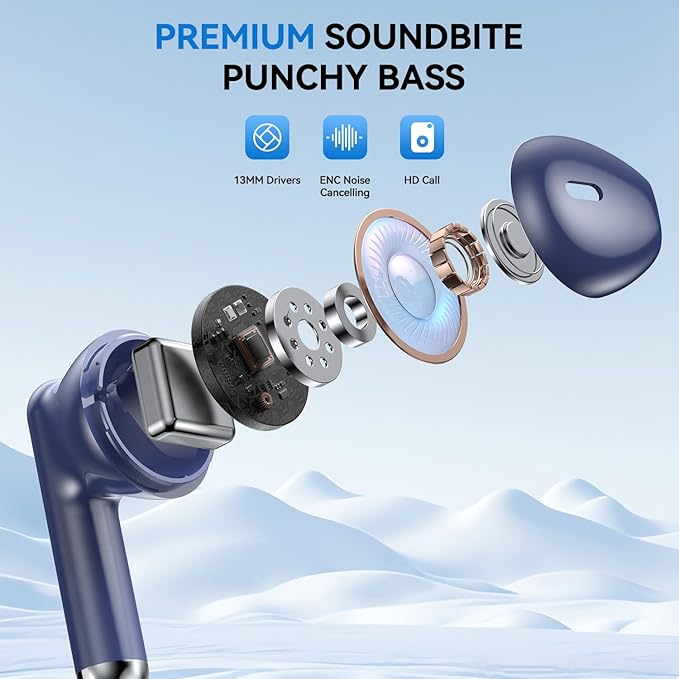 Wireless Earbuds, Bluetooth 5.4 Headphones HiFi Stereo with 4 HD Mic, 50H Playtime Bluetooth Earbuds with LED Display, IPX7 Waterproof Wireless Earphones, Touch Control Ear Buds,USB-C Blue