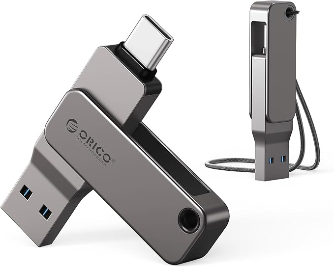 ORICO 32GB Dual USB-C USB-A Flash Drive 150MB/s High Speed USB 3.0 Memory Stick, Zinc Alloy Rotating Design, Compatible with iPhone 15/16/17, Android, Mac, PC, Car Audio – Plug & Play