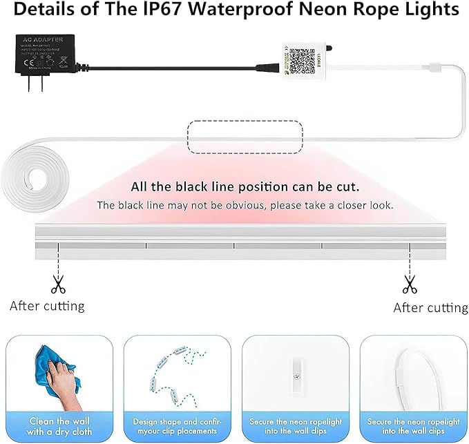 SILFU Neon Rope Lights, 50FT RGB LED Strip Lights, Waterproof IP67 LED Lights for Bedroom, DIY Design, Music Sync, 44 Key Remote Control, Multiple Modes for Bedroom, Holiday Decoration