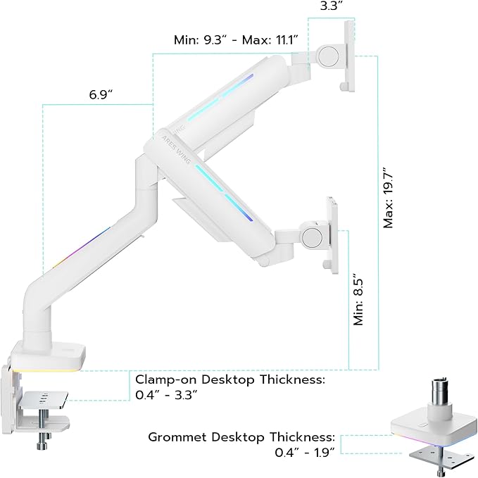 Ultrawide Monitor arm for 17-49'' Heavy Duty Screen up to 44lbs, Gas Spring Single Monitor Arm with RGB Light, Adjustable Gaming Computer Monitor Arm for Desk, White