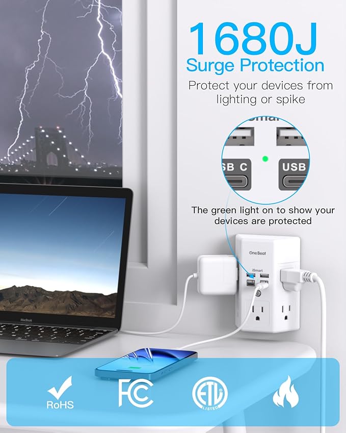 One Beat 1680J 3 Side Power Strip Multi Plug Expander, Surge Protector, 5 Outlets Extender, 4 USB Ports (USB C), Wall Mount Charger, Outlet Splitter Adapter for Home, Travel, Office, ETL Listed, White