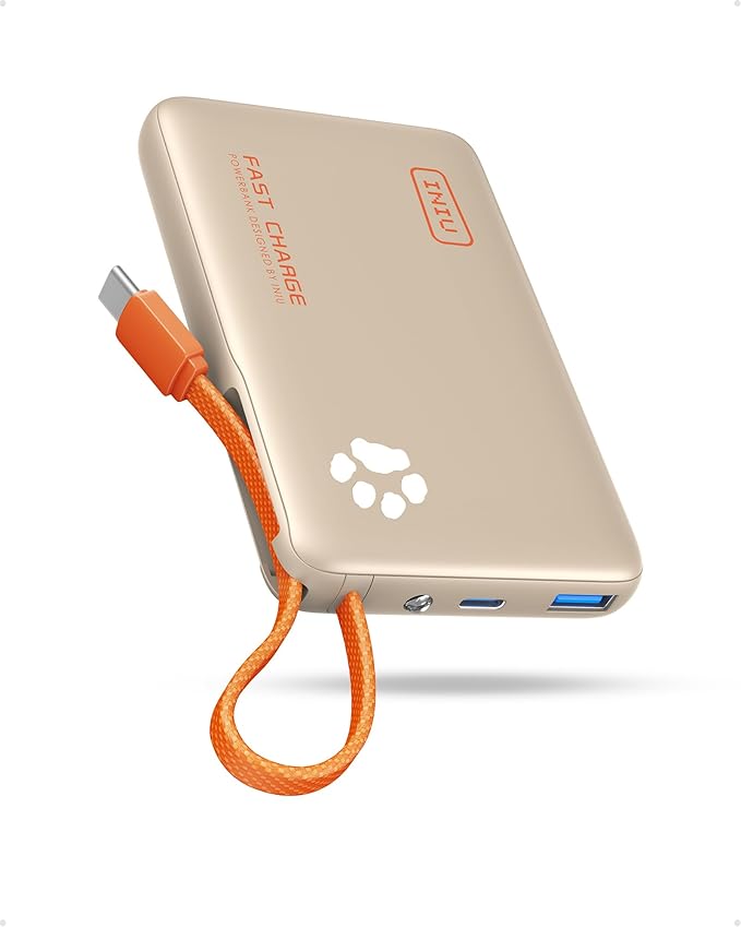 INIU 45W Power Bank, Fast Charging Portable Charger with Built-in USB C Cable, 10000mAh Small Type C Powerbank, Battery Pack for iPhone 17 16 15 14, iPad, Samsung S25 S24 etc Travel Camping, White