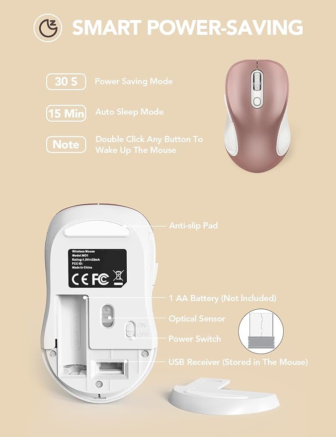 Trueque Wireless Mouse for Laptop, 2.4GHz Ergonomic Computer Mouse with Back & Forward Buttons, 3 Adjustable DPI Levels, 6 Buttons, Optical USB Cordless Mice for Windows PC, M01 (Rose Gold)