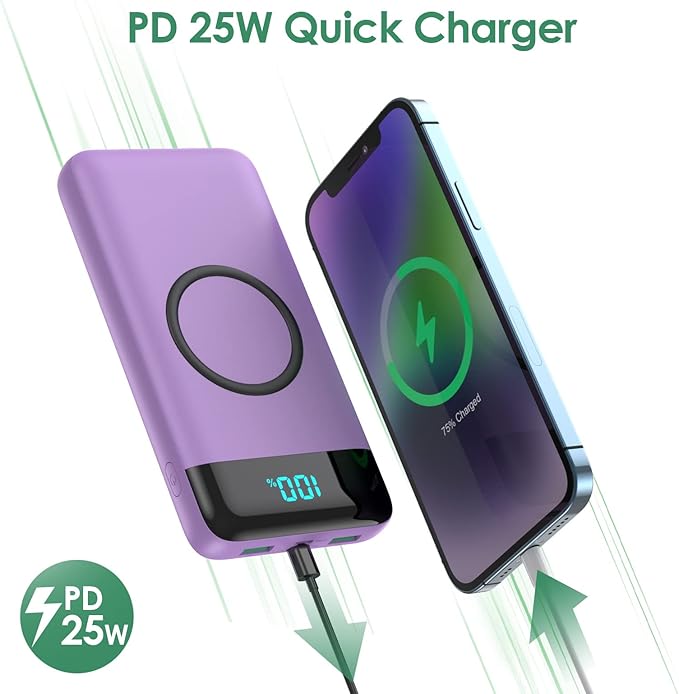 Wireless Portable Charger 30,800mAh,15W Wireless Charging USB C Power Bank,25W PD QC 4.0 Fast Charging 4 Outputs Travel Essentials Battery Pack Compatible with iPhone 17/16/15/14,Galaxy,Android-Purple