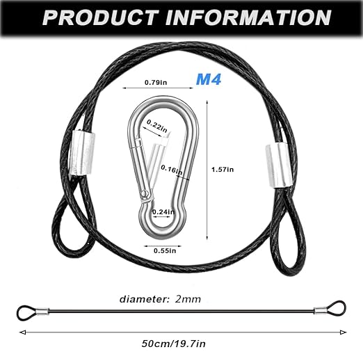10 Pack 20 Inch(50cm) Stainless Steel Tethers with 4 Pcs Spring Snap Hook Clips, Steel Wire Cable with Loops Vinyl Cover Coated Short Rope Lanyard Lock Tether Chains, Black