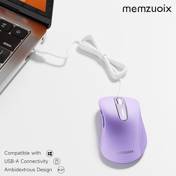 memzuoix Wired Mouse, USB Computer Mouse 1400 DPI Mobile Optical Mouse Ergonomic Design Computer Mice with 5FT Cord for Laptop, PC, Desktop, MacBook, 5 Buttons (Lilac)