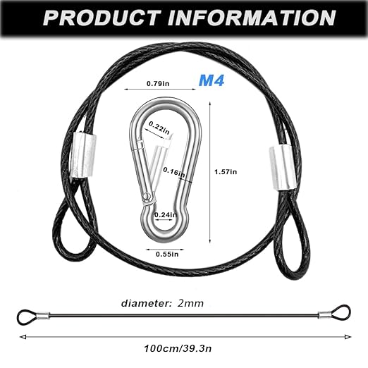 5 Pack 40 Inch(100cm) Stainless Steel Tethers with 4 Pcs Spring Snap Hook Clips, Steel Wire Cable with Loops Vinyl Cover Coated Short Rope Lanyard Lock Tether Chains, Black