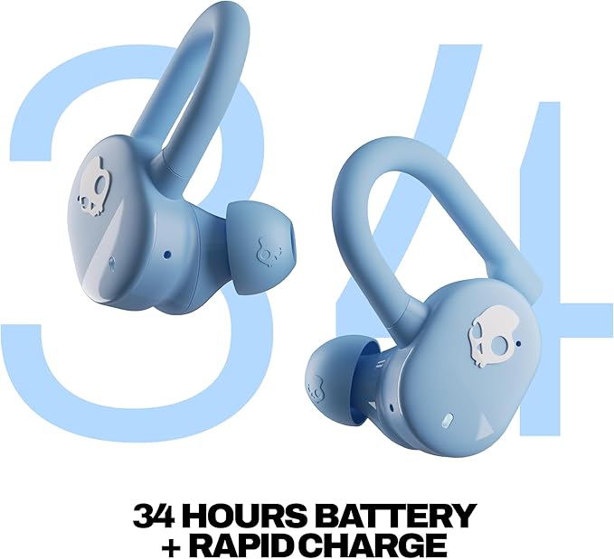 Skullcandy Push Play Active Wireless Earbuds, Bluetooth Headphones, Noise Isolating Fit, 34 Hrs Battery, Secure-Fit Over-Ear Hanger, Sweat Water Resistant, Microphone for iPhone Android - Preppy Blue