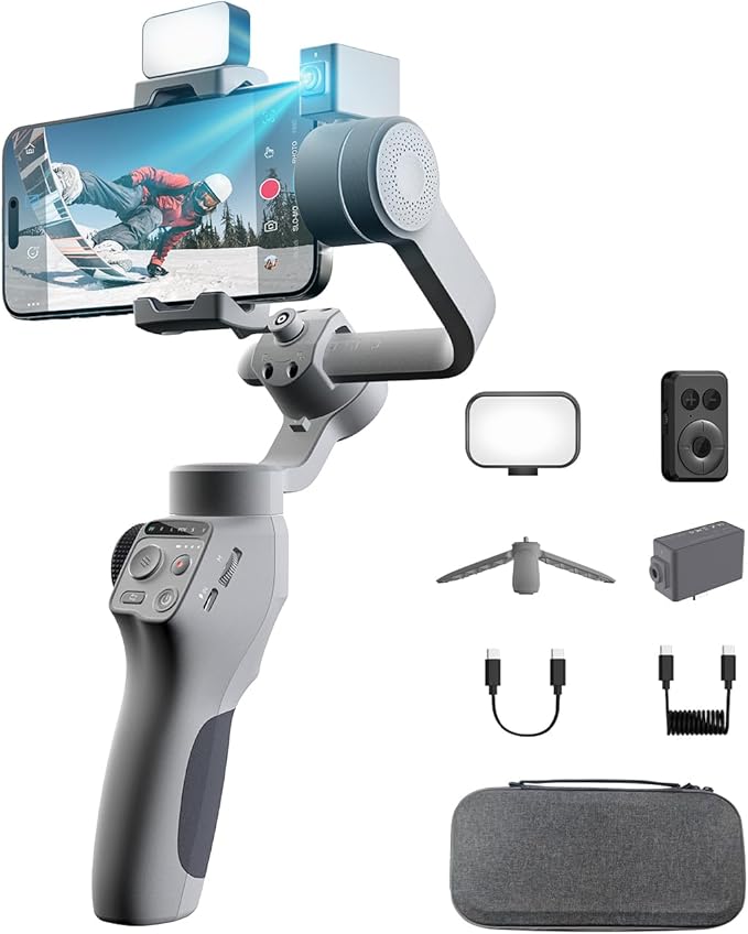 Capture5 Gimbal Stabilizer for Smartphone, Magnetic AI Tracker Fill Light Remote Control 500g Payload, 3-Axis Phone Gimbal for Android & iPhone 16 15 Pro Max for Video Recording（Gray）