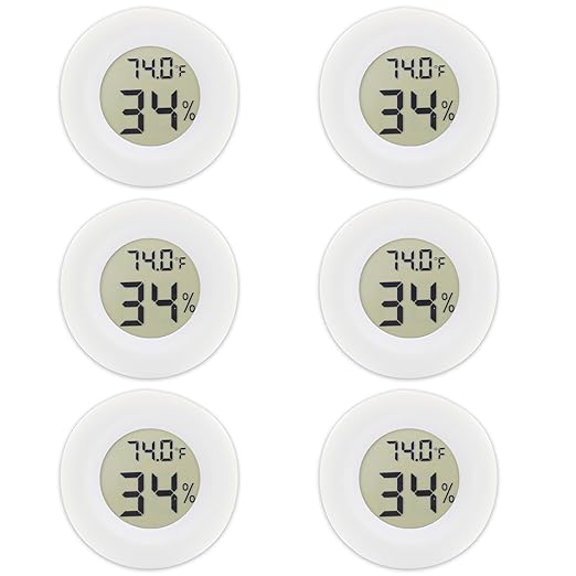 6-Pack Mini Round Hygrometer Thermometer Digital LCD Monitor Indoor Outdoor Humidity Meter Gauge Temperature for Humidifiers Greenhouse Reptile Fahrenheit Celsius White