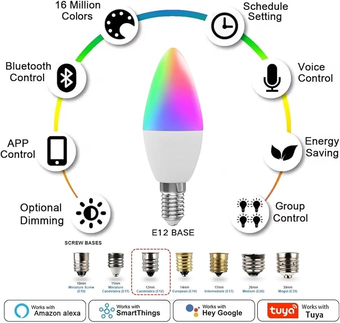 Candelabra Smart Light Bulbs 60W Equivalent, 450LM 5W LED Bulb Compatible with Alexa/Google Home, RGBCW 16 Million Color Changing Light Candle Bulb, No Hub Required, 2.4G (E12) (2)