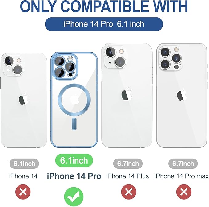 Hython Magnetic Clear for iPhone 14 Pro Case with Camera Lens Protector [Compatible with MagSafe] Luxury Plating Edge Slim Soft TPU Cover Protective Phone Case for iPhone 14 Pro, Matte Light Blue