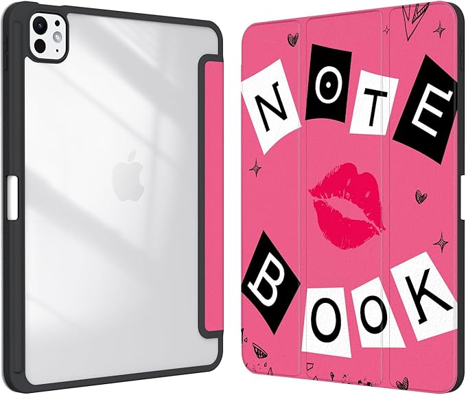 Case for iPad Pro 11-Inch M5/M4 2025/2024 (6th/5th Generation), Case with Pencil Holder, Clear Back Cover Cute Cool Design for Women Girls, Auto Sleep/Wake, Rose Red Book