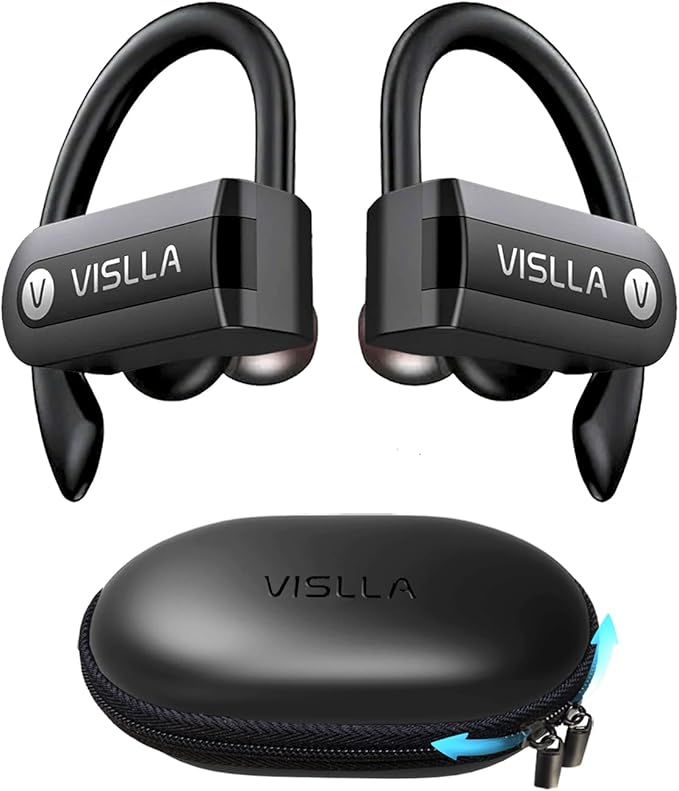 Vislla Wireless Earbuds, Bluetooth Earbuds with Earhooks Over Ear, 82H Long Battery Life,HiFi Running Headphones with Mic,PU Leather Charging Case,Waterproof Sport Ear Buds for Android Gym Working Out