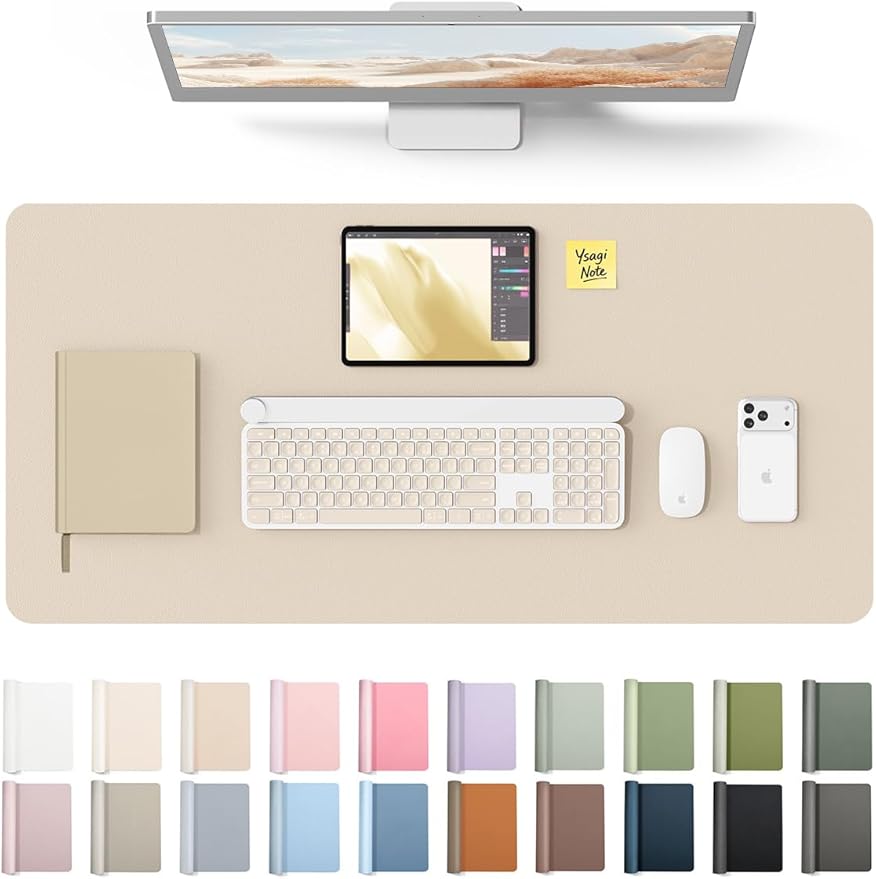YSAGi Leather Desk Protector, Office Mat, Large Mouse Mat, Non-Slip PU Leather Blotter, Laptop Desk, Waterproof Writing Pad for Office and Home (Eggshell, 35.4" x 17")