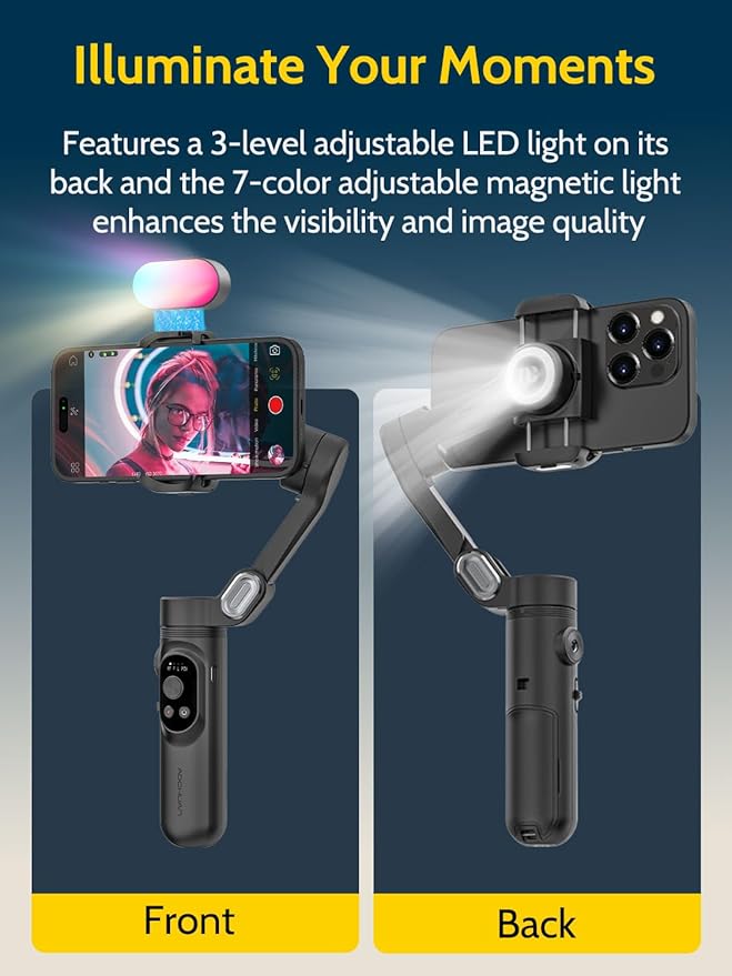 AOCHUAN Handheld 3-axis Gimbal Stabilizer for iPhone&Android Smartphone Gimbal Anti-Shake w/ 1/4 Thread,RGB Magnetic Light,AI Tracking Phone Holder for Vlogging for TikTok,YouTube-Smart X Kit Black
