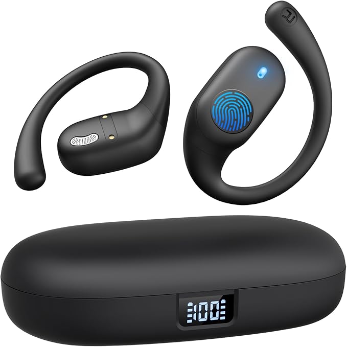 Eigsupia Open Ear Headphones, Bluetooth Headphones 5.3 Sports with Smart Digital Display, 36H Playtime, IP54 Waterproof, Wireless Earbuds Lightweight Design Fit Cycling, Running, Workout (Black)