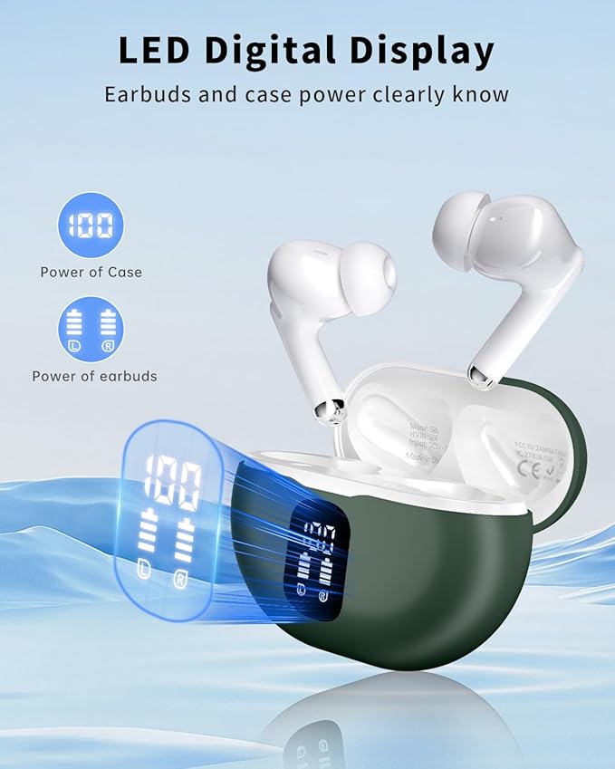 XIAOWTEK Wireless Earbuds, Bluetooth 5.4 Headphones with 50H Playback, Deep Bass Stereo Ear Buds Clear Calls with LED Power Display, Light Green
