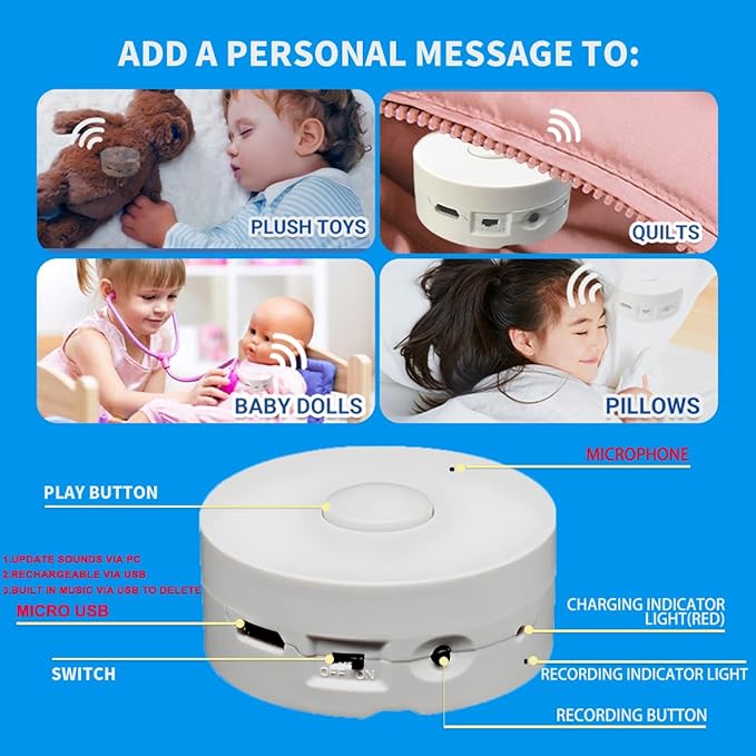 16 Minutes Voice Recorder, Record Custom Message for Crafts, Stuffed Bear, Baby Doll, and Pillow (2Pack + White)