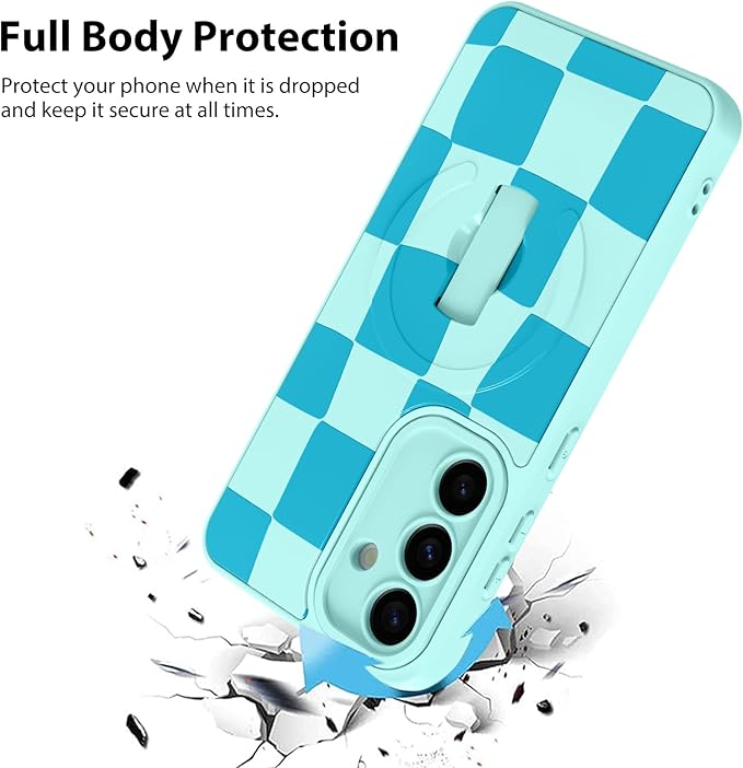 KANGHAR Compatible with Samsung Galaxy S25 Case, Support for MagSafe, Silicone Checkered Cute Pattern, Wristband Kickstand Camera Protection Soft Slim Cover for Girls Women -Blue
