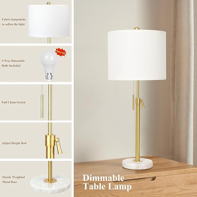 Qingmiao Gold Table Lamps Set of 2, 22" to 30" Adjustable Nightstand Lamps for Bedroom, Dimmable End Table Lamps for Living Room Console Entry Farmhouse Home Decor, New House Warming Gifts