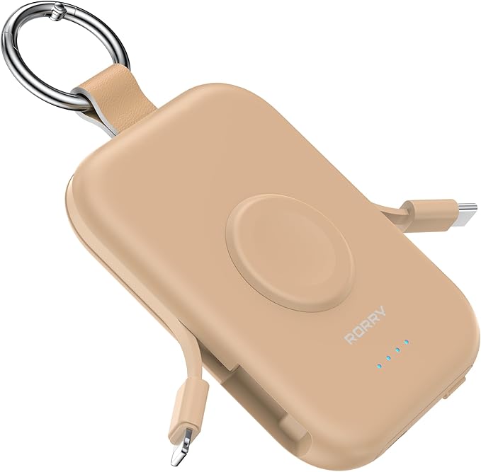 RORRY Portable Charger, 5000mAh Portable Charger Power Bank with Built-in Cables, Travel Keychain Battery Pack for Apple Watch Ultra/11/10/9/8/7/6/SE, iPhone Air/17/16/15/14/13/12, Honey Beige