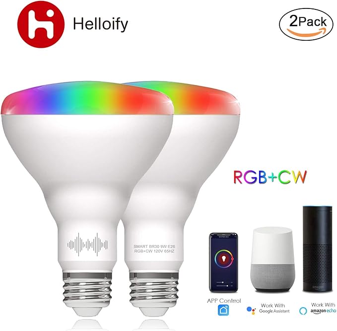 helloify BR30 Smart WiFi LED Light Bulbs, RGBCW Multi-Color Changing, Warm to Cool White Dimmable, Compatible with Alexa & Google Home (No Hub), 60W Equivalent E26, RGB+2700K-6500K, 2 Count