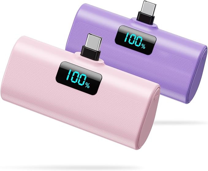 [2-Pack]Portable Charger for iPhone 16/15 Series,5200mAh PD USB C Power Bank Built-in USB-C Connector,Battery Pack Compatible with iPhone 16/16 Plus/16 Pro/16 Pro Max/15 Series,Android (Pink+Purple)