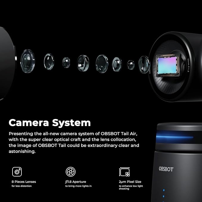 OBSBOT Tail AIR,with Tripod,NDI PTZ Camera, 4K AI-Powered Webcam,1.8" CMOS,f/1.8 Aperture,AI Auto Track,Gesture & Remote Controls,TOF Sensor,Wired&Wireless Connection,LiveStream for Church/Music Live