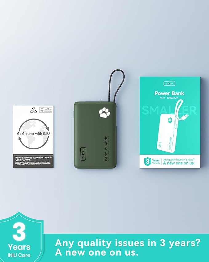 INIU 45W Power Bank, Fast Charging Portable Charger with Built-in USB C Cable, 10000mAh Small Type C Powerbank, Battery Pack for iPhone 17 16 15 14, iPad, Samsung S25 S24 etc Travel Camping, Green