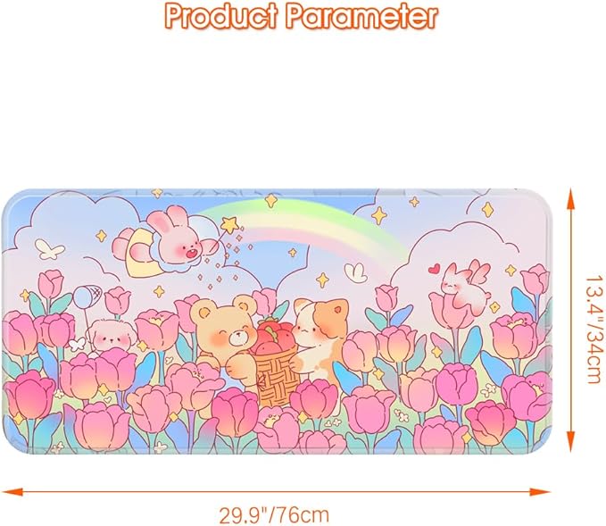PERFECTSIGHT Cute Desk Mat Kawaii Rainbow Bunny Bear Kitty Desk Pad, Large Gaming Mouse Pad, Funny Girls Deskmat Mousepad, Anime Laptop Keyboard Pad Office Home Decor for Women Kids, Tulip