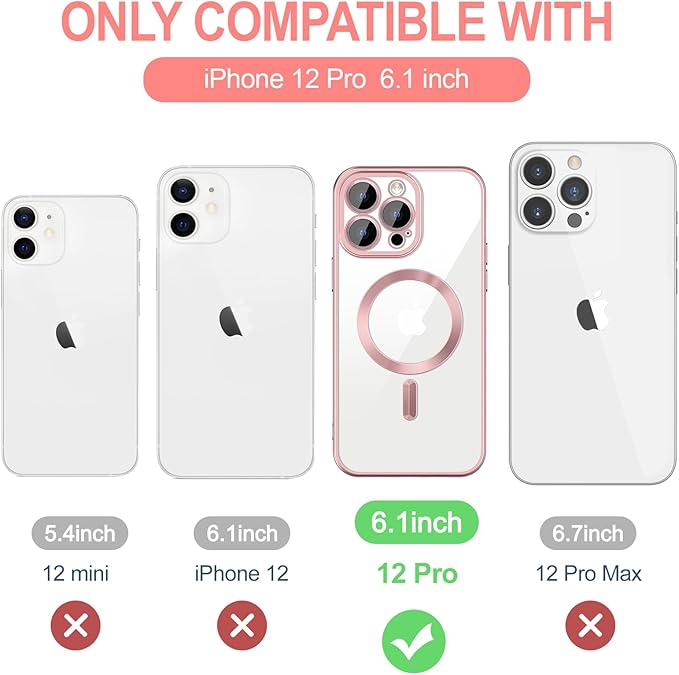 Hython Magnetic Clear for iPhone 12 Pro Case with Camera Lens Protector [Compatible with MagSafe] Luxury Plating Edge Slim Soft TPU Cover Protective Phone Case for iPhone 12 Pro 6.1", Matte Pink