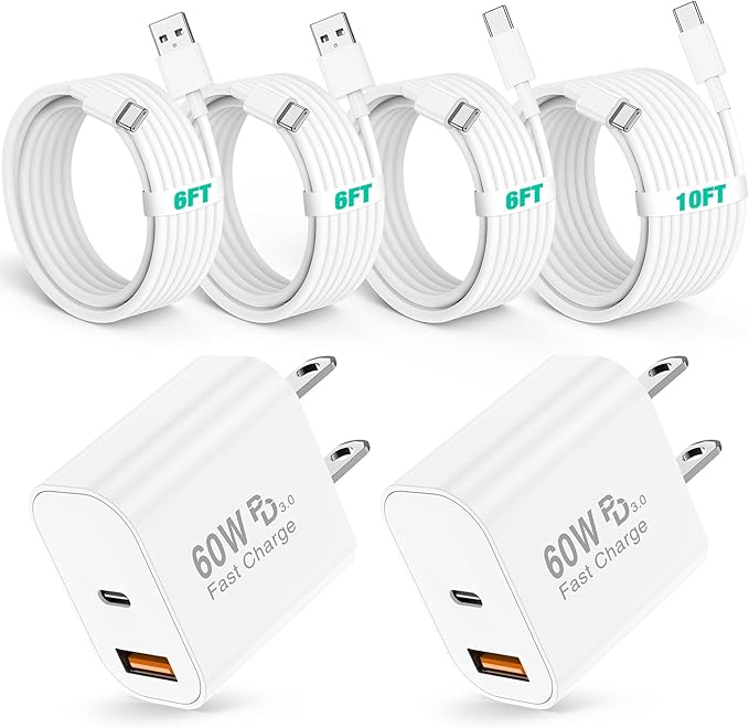 60W USB C Fast Charger for iPhone 17/16/15 Pro Max Charger,2-Pack PD 3.0 Dual Port Wall Charger Block with 6Ft+10Ft USB C Cable,Super Fast Charging for iPhone 17/16/15/Air Series,iPad Pro,White