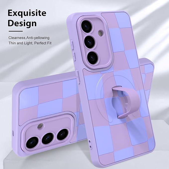 KANGHAR Compatible with Samsung Galaxy S26 Case, Support for MagSafe, Silicone Checkered Cute Pattern, Wristband Kickstand Camera Protection Soft Slim Cover for Girls Women -Purple