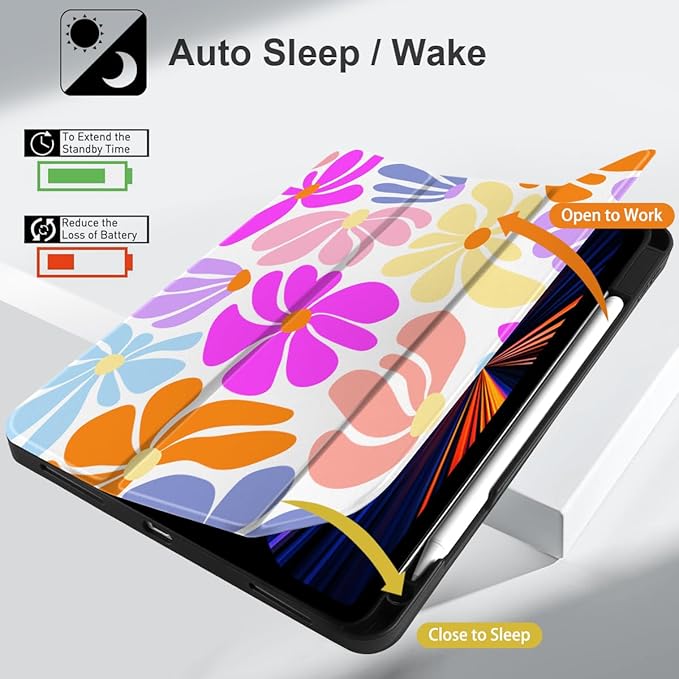 DONGKE Case for iPad Pro 12.9 inch 6th Generation 2022, Built-in Pencil Holder + Trifold Stand + Auto Wake/Sleep + Protective Cover for iPad Pro 12.9 5th/4th/3rd Gen - Retro Flowers