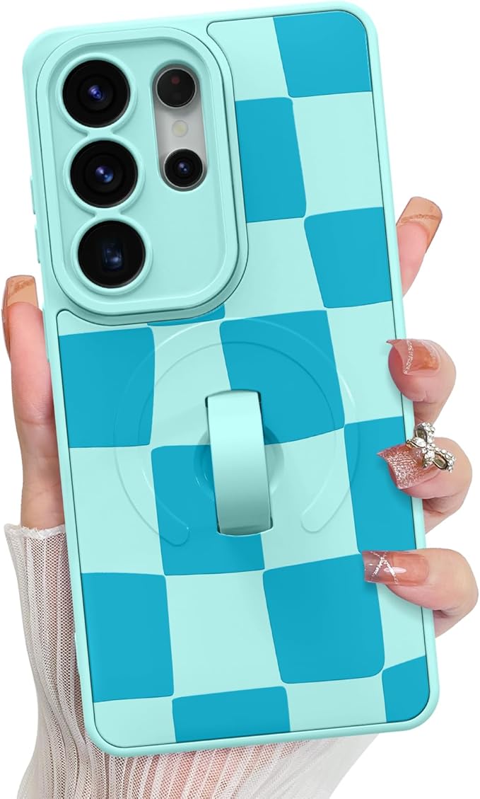 KANGHAR Compatible with Samsung Galaxy S26 Ultra Case, Support for MagSafe, Silicone Checkered Cute Pattern, Wristband Kickstand Camera Protection Soft Slim Cover for Girls Women -Blue