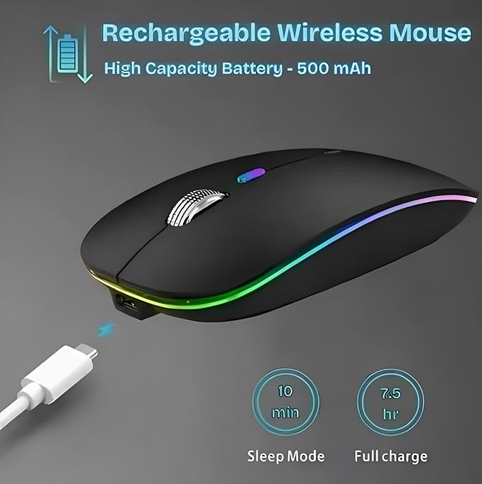 Wireless Mouse for Laptop & PC – Magic, Bluetooth, Rechargeable USB-C, Slim Design with RGB Backlight, Dual Mode 2.4GHz for MacBook, iPad (Jet Black)