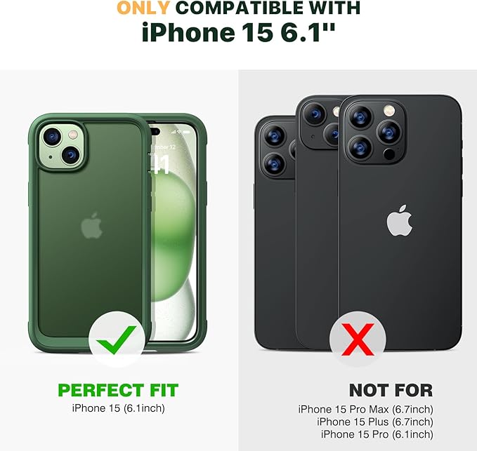 Diaclara Designed for iPhone 15 Case, Full Body Rugged Case with Built-in Touch Sensitive Anti-Scratch Screen Protector, with Camera Lens Protector for iPhone 15 6.1" (Frosted Green)