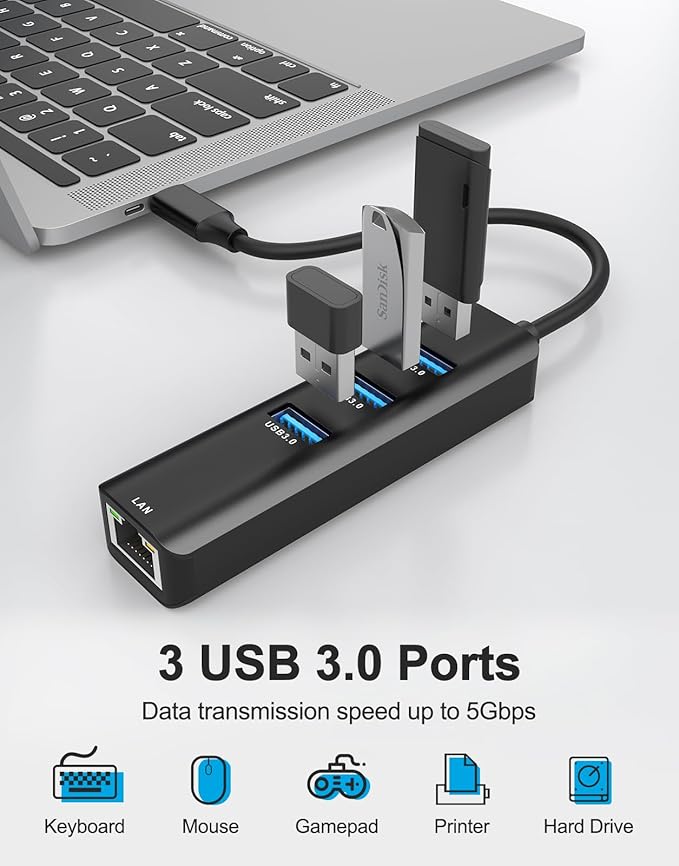 USB C to Ethernet Adapter, ABLEWE 4-in-1 RJ45 to USB-C/Thunderbolt 3 to Gigabit Ethernet LAN Network Adapter for MacBook Pro/Air 2021/2020/2019, iPad Pro 2021, Chromebook, XPS, Surface 3/2/Go-Black