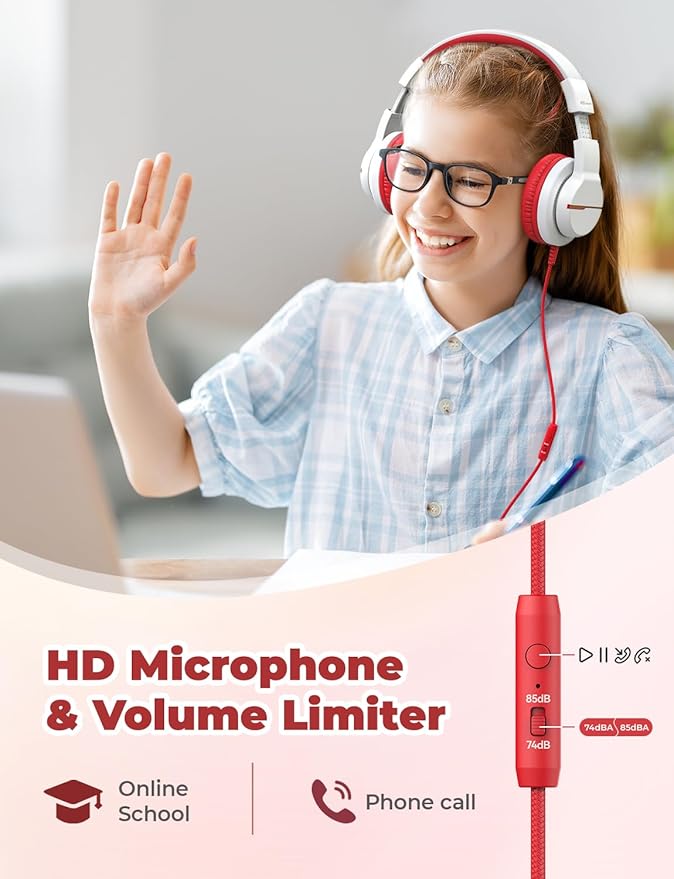 iClever HS19 Kids Headphones with Microphone, 74/85dBA Volume Limiter - Shareport - Over Ear Stereo Headphones for Kids Boys Girls, Foldable 3.5mm Jack Wired Headphone for iPad/School/Travel, White