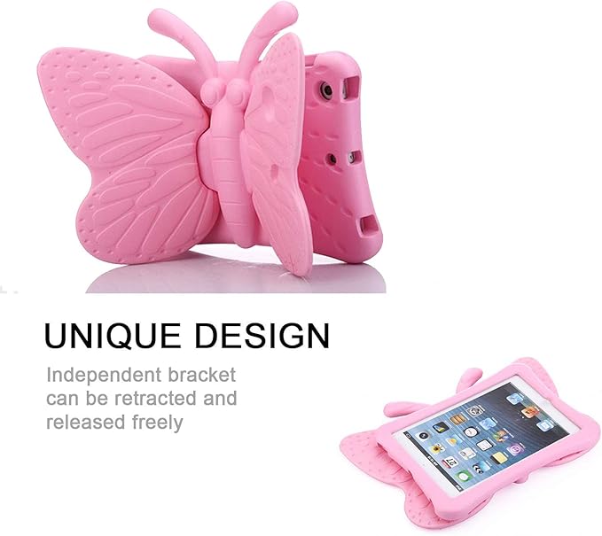 Kids Case for Apple iPad mini 5/Mini 4/Mini 3/Mini 2/Mini 1 with Kickstand Soft EVA Foam Lightweight Shockproof Stand Cover for iPad mini 5th/4th/3rd/2nd/1st Generation 7.9", Pink Butterfly