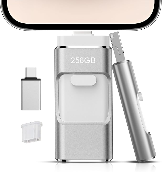 256GB Flash Drive[No App Required] Intended for Phone Tablet Androidphone and Computers, 4 in 1 Photo Stick for Phone Memory Storage Easily Backup Photos Videos（Silver）