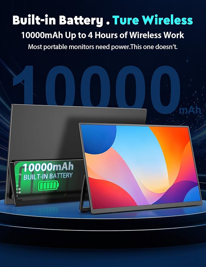 18.5" True Wireless Portable Monitor, 1080P FHD, 10000mAh Battery, Wireless Screen Mirroring (AirPlay/Miracast), Auto Rotation for Phone/Tablet, USB‑C & Mini HDMI, VESA, Protective Sleeve Included