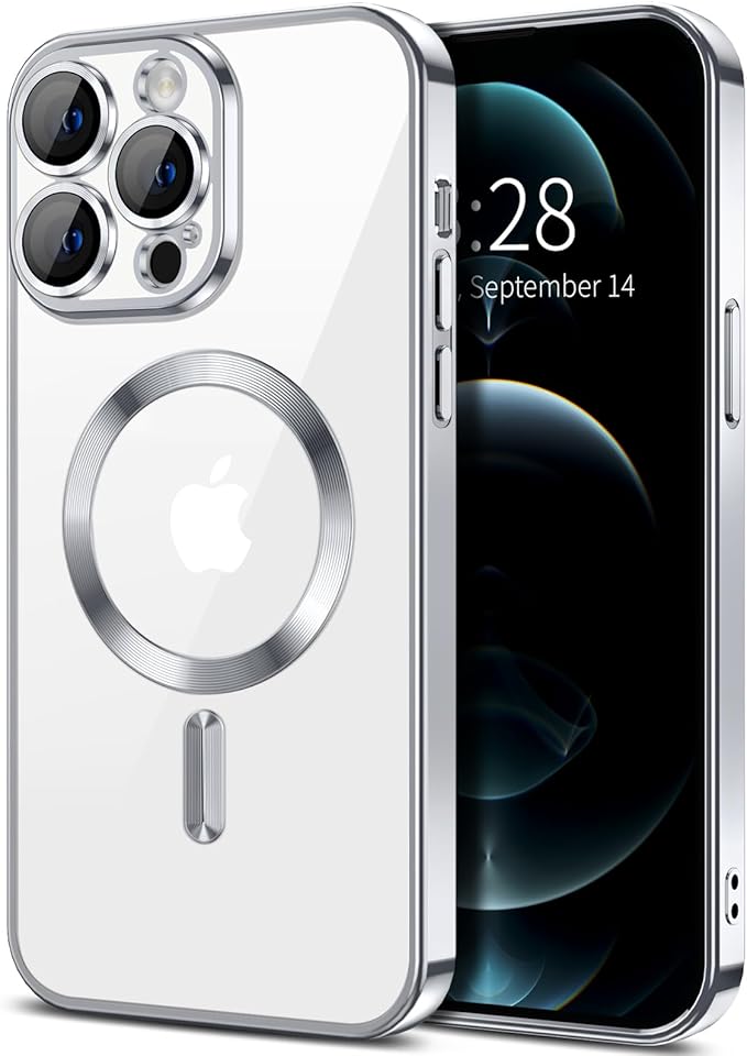 Hython Magnetic Clear for iPhone 12 Pro Case with Camera Lens Protector [Compatible with MagSafe] Luxury Plating Edge Slim Soft TPU Cover Protective Phone Case for iPhone 12 Pro 6.1", Silver