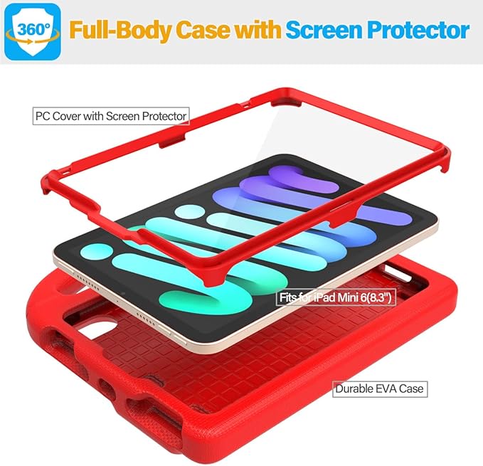 SUPLIK Kids Case for iPad mini 7 (A17 Pro) 2024 & iPad mini 6 (A15) 2021, 8.3-inch iPad mini 6th/7th Generation Case with Screen Protector, Durable Shockproof Kids Cover with Handle Stand, Red