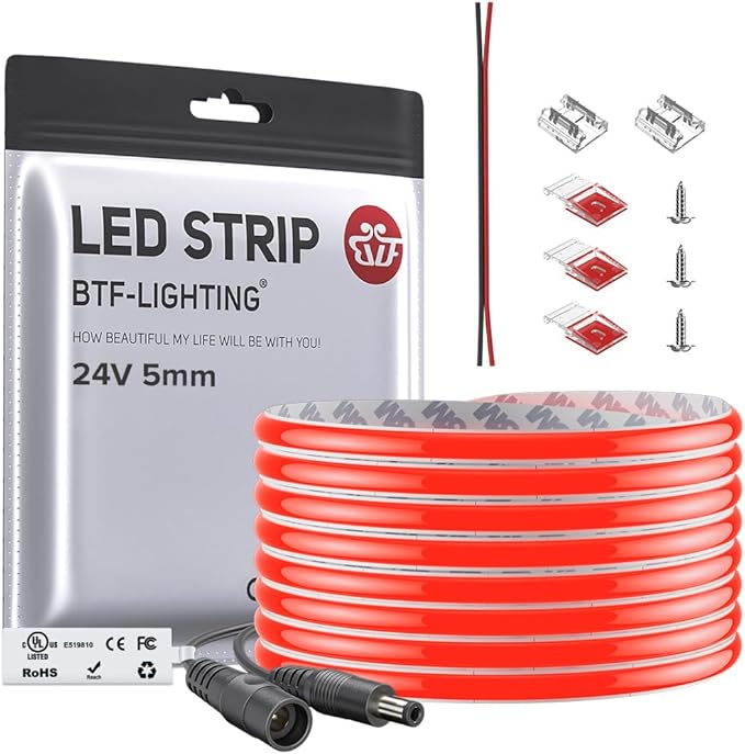 BTF-LIGHTING FCOB COB LED Strip Red Color 5mm Width UL Listed Super Narrow Flexible Uniform Light DC24V 16.4FT CRI 90+ Dimmable LED Ribbon for Bedroom Home Indoor Decor(No Adapter or Controller)