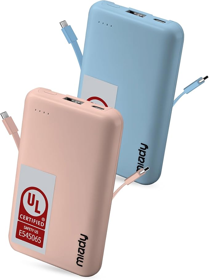 Miady 2-Pack Small Portable Charger UL Listed, 5000mAh Slim Power Bank Built-in 2 Cables Compatible with iPhone 17/16/15/14/13 (Cream Blue+Champagne Pink)